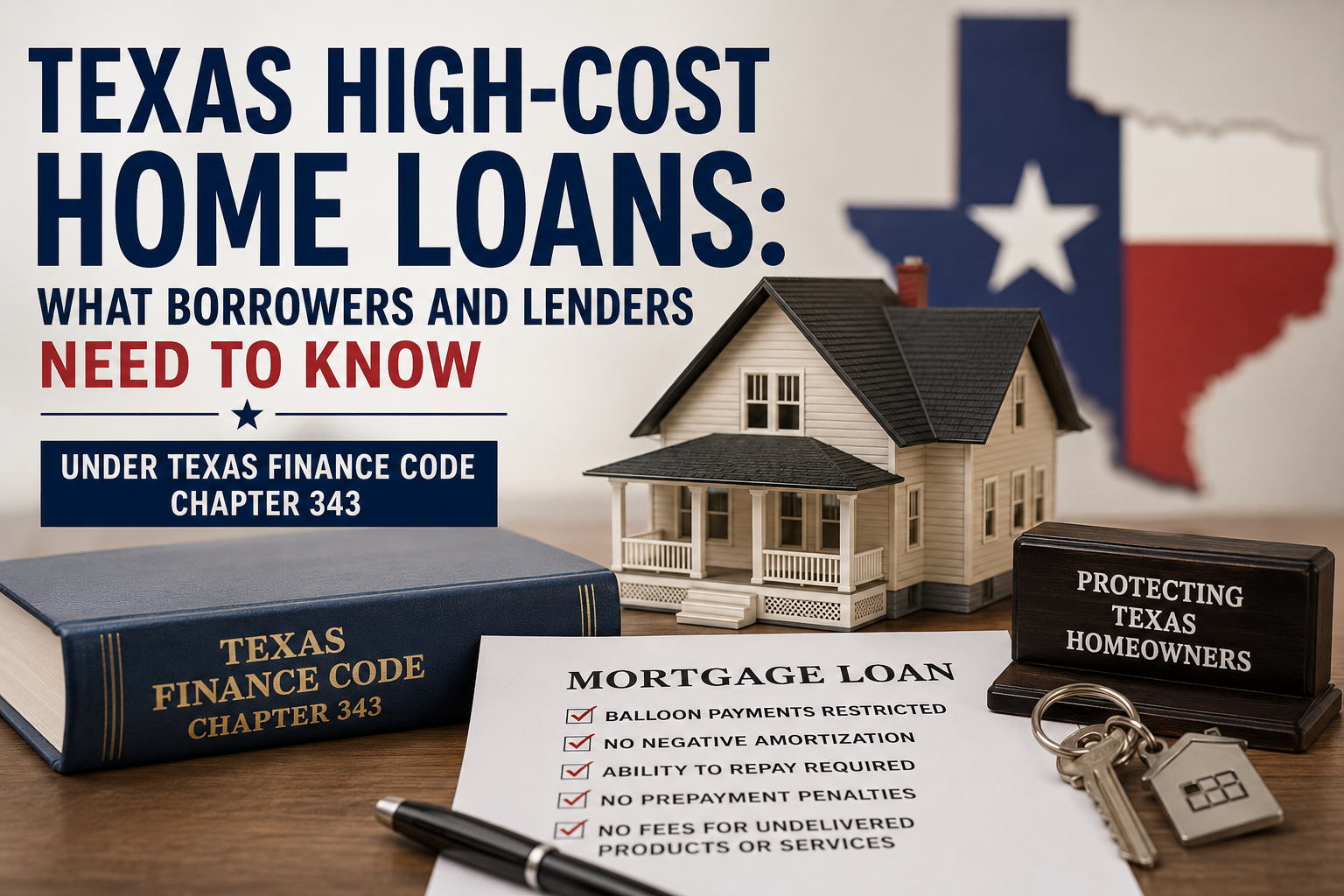Texas high-cost home loans under Finance Code Chapter 343, showing a Texas home, mortgage documents, and protections involving balloon payments, negative amortization, ability to repay, and prepayment penalties.