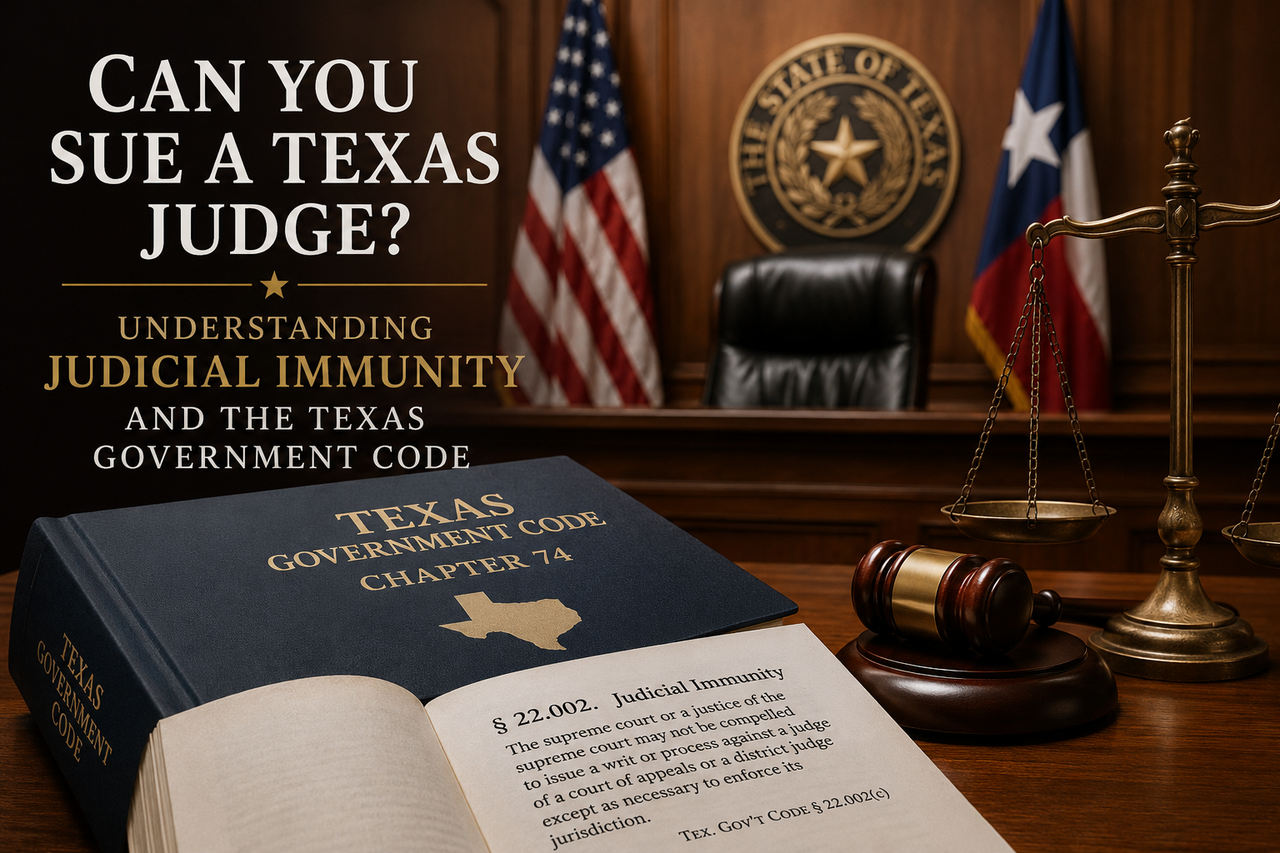 Texas courtroom with a gavel, scales of justice, and the Texas Government Code, illustrating judicial immunity and whether a Texas judge can be sued for official judicial actions.