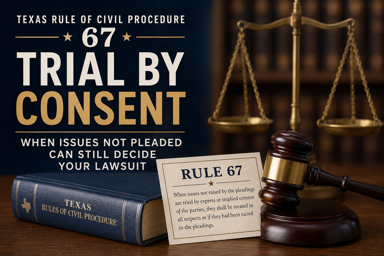 A professional legal illustration depicting <strong>Texas Rule of Civil Procedure 67 (Trial by Consent)</strong>. A polished wooden judge's gavel rests beside a card labeled "Rule 67," with the scales of justice and a shelf of law books in the background. A blue volume titled <em>Texas Rules of Civil Procedure</em>sits prominently in the foreground, while bold lettering reads, "Trial by Consent: When Issues Not Pleaded Can Still Decide Your Lawsuit."