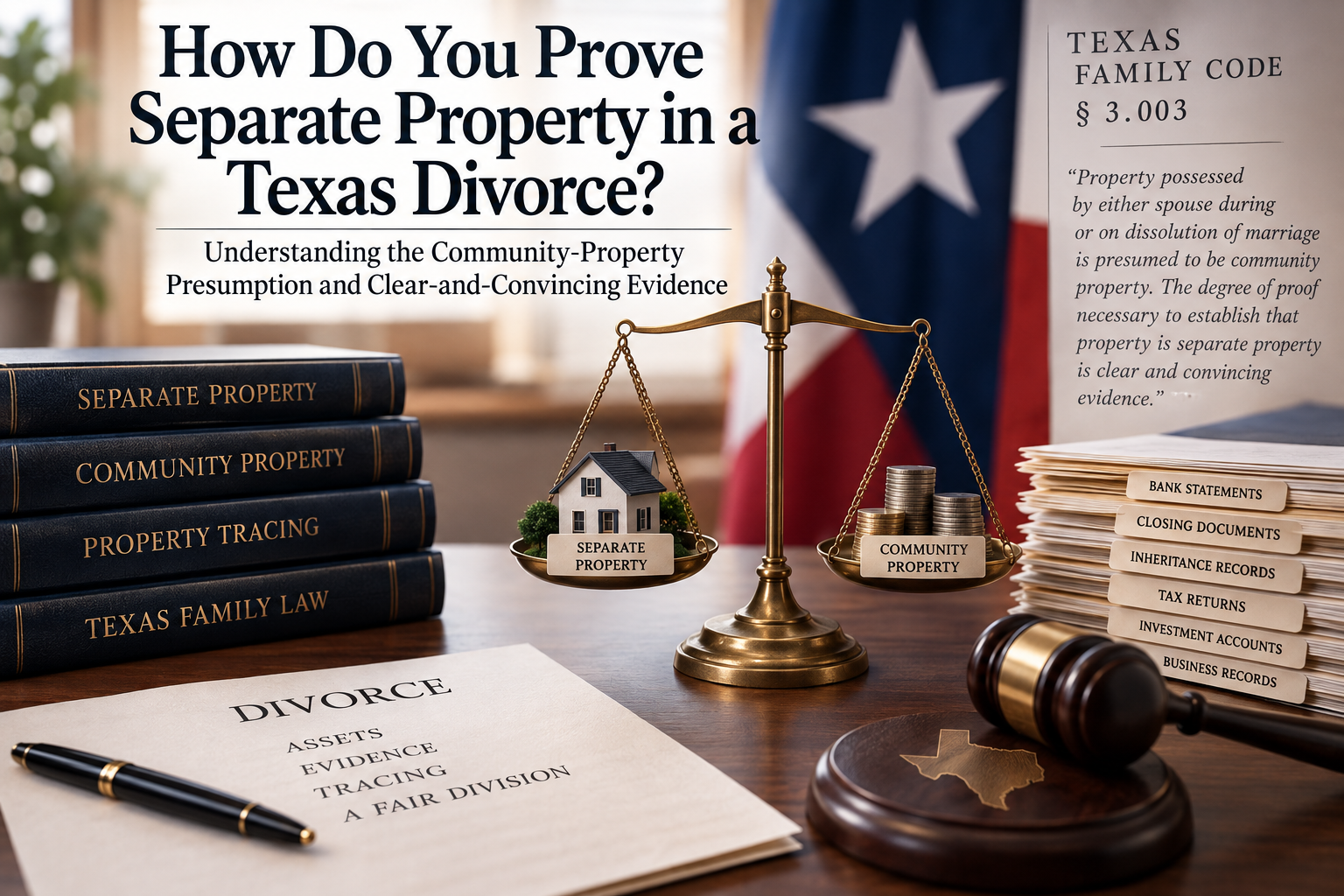 Texas divorce illustration showing scales balancing separate and community property, with a house, financial records, law books, and Texas Family Code § 3.003 explaining the community-property presumption and clear-and-convincing evidence standard.