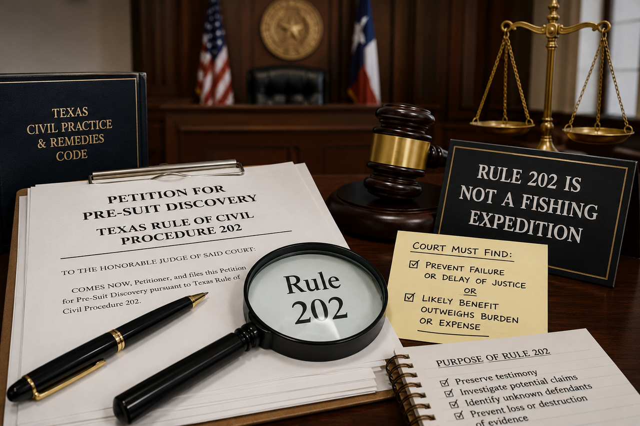 Texas Rule 202 pre-suit discovery concept image showing a courtroom, gavel, scales of justice, and legal documents used to investigate potential claims before filing a lawsuit. A magnifying glass focuses on Rule 202 paperwork, representing the balance between obtaining evidence and preventing fishing expeditions under Texas civil procedure.