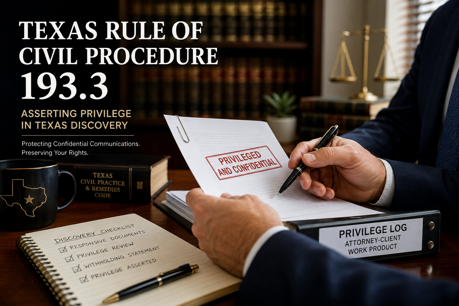 A professional Texas attorney reviews documents stamped "Privileged and Confidential" at a polished law office desk beside a privilege log binder, legal reference books, and a discovery checklist. The image illustrates Texas Rule of Civil Procedure 193.3, attorney-client privilege, work product protection, and the proper assertion of privilege during civil discovery in Texas litigation.