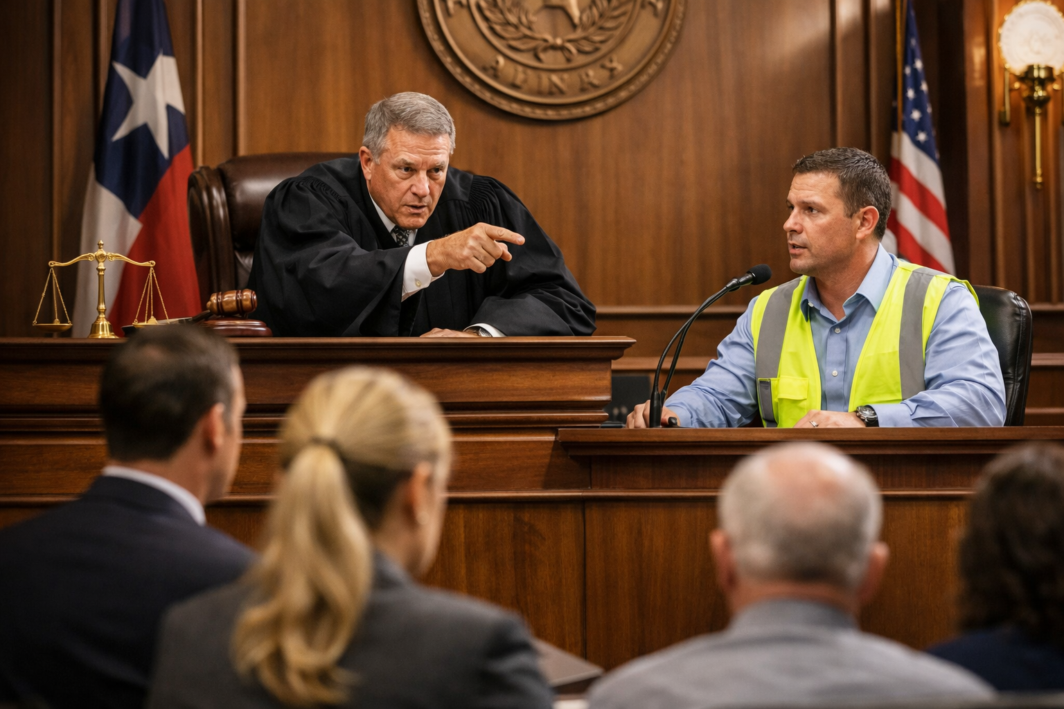 Texas courtroom scene where a judge questions a construction worker witness from the bench while attorneys and jury observe, illustrating judicial authority to call and examine witnesses under Texas Rule of Evidence 614.