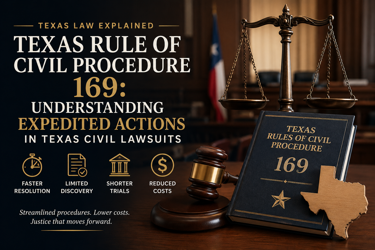 A professional legal illustration depicting <strong>Texas Rule of Civil Procedure 169</strong> and expedited civil actions in Texas. A courtroom serves as the backdrop, featuring a judge's bench, the Texas flag, a wooden gavel, and the scales of justice. In the foreground is a book labeled "Texas Rules of Civil Procedure 169" beside a wooden outline of Texas. The graphic highlights the key benefits of expedited actions with icons representing faster resolution and reduced litigation costs.