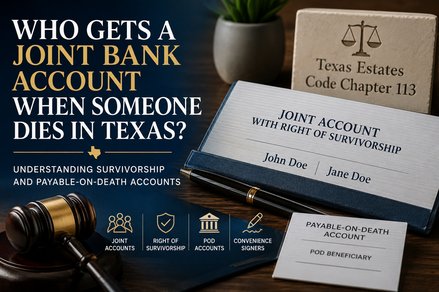 Texas probate and estate-planning graphic featuring a joint bank account, gavel, and Texas Estates Code Chapter 113, explaining rights of survivorship, payable-on-death accounts, and convenience signers after an account holder dies.