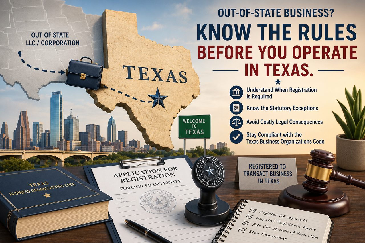 Illustration of a Texas-shaped map with an out-of-state business briefcase crossing into Texas, surrounded by legal documents, a Texas Business Organizations Code book, a registration application, a judge's gavel, and a "Registered to Transact Business in Texas" sign. The image represents the legal requirements for out-of-state LLCs and corporations to register before conducting business in Texas under the Texas Business Organizations Code.