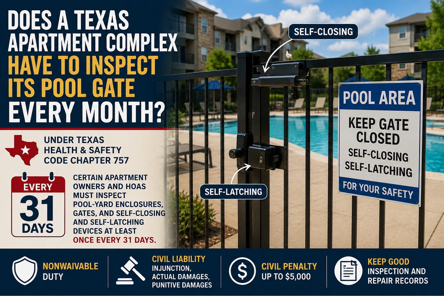Texas apartment swimming pool safety infographic featuring a fenced pool with a self-closing, self-latching gate, explaining the Texas Health and Safety Code Chapter 757 requirement that certain apartment owners and HOAs inspect pool-yard enclosures, gates, and safety devices at least once every 31 days, with potential civil liability and penalties for violations.