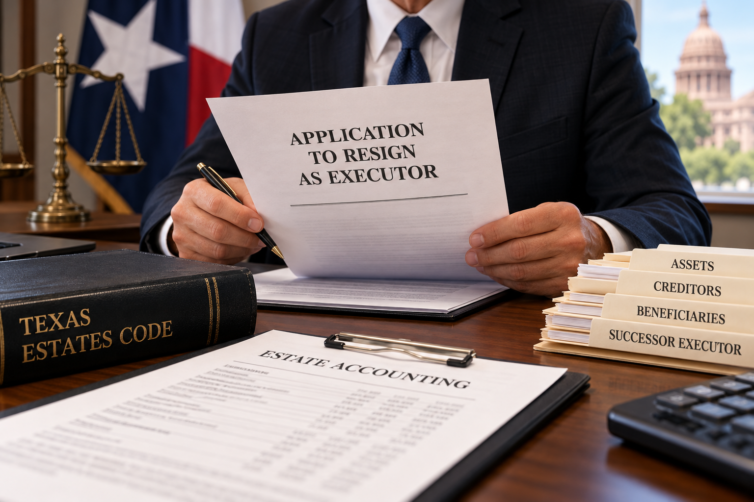 Texas executor reviewing an application to resign, estate accounting documents, and the Texas Estates Code, illustrating executor resignation, probate administration, and appointment of a successor executor under Texas law.