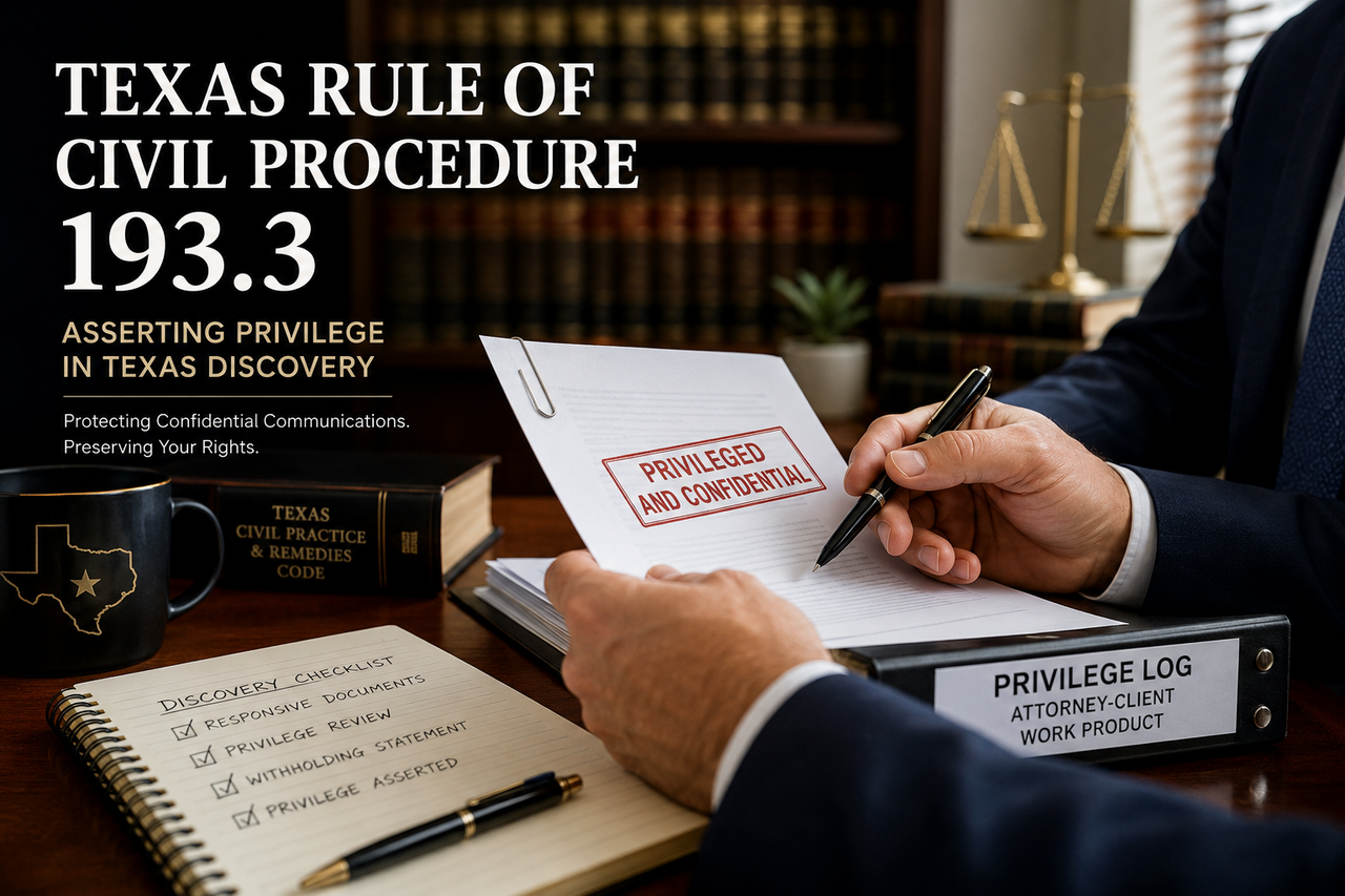 A professional Texas attorney reviews documents stamped "Privileged and Confidential" at a polished law office desk beside a privilege log binder, legal reference books, and a discovery checklist. The image illustrates Texas Rule of Civil Procedure 193.3, attorney-client privilege, work product protection, and the proper assertion of privilege during civil discovery in Texas litigation.