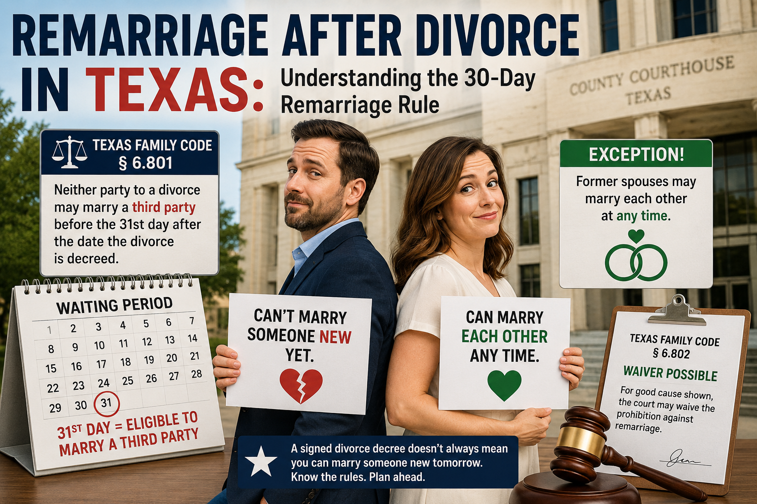 Texas remarriage after divorce infographic showing a divorced couple outside a courthouse, a 30-day waiting-period calendar, and the Texas Family Code rules allowing former spouses to remarry each other immediately or seek a court waiver to marry someone new sooner.