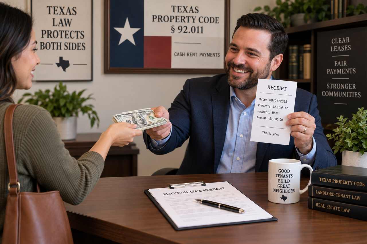 Texas tenant paying rent in cash while a landlord provides a written receipt, illustrating Texas Property Code Section 92.011 and cash rent payment requirements.