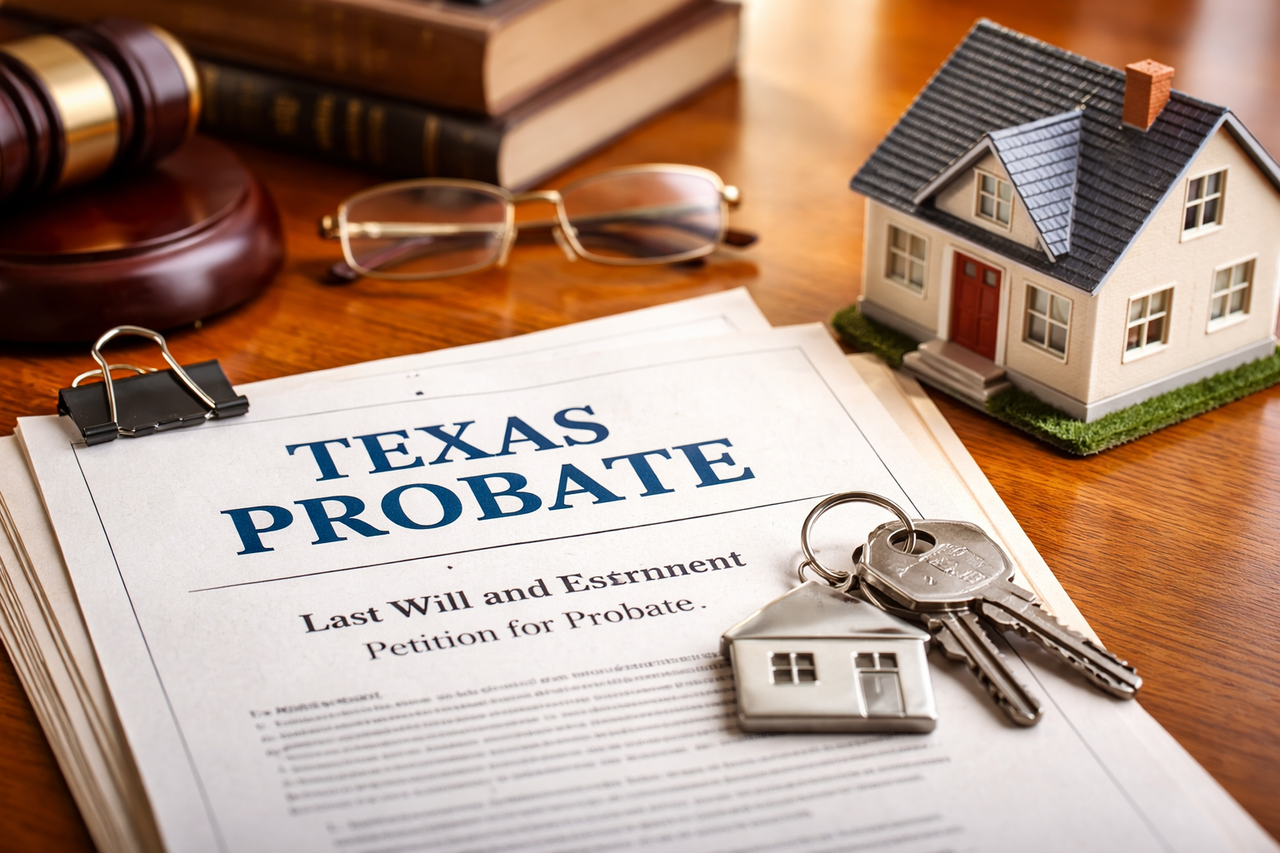 Texas probate documents and house keys on a wooden table representing inherited property and legal authority to sell real estate after death in Texas.