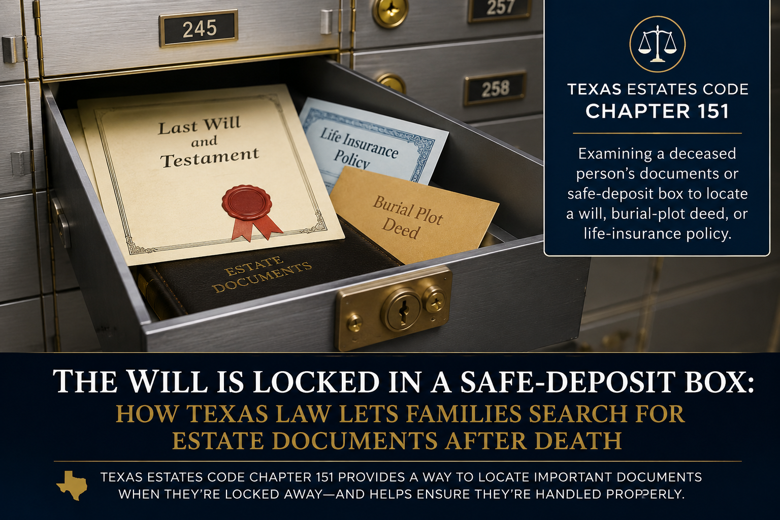 Open bank safe-deposit box containing a Last Will and Testament, life insurance policy, burial plot deed, and estate documents, illustrating Texas Estates Code Chapter 151 and the legal process for locating a deceased person’s important estate documents.