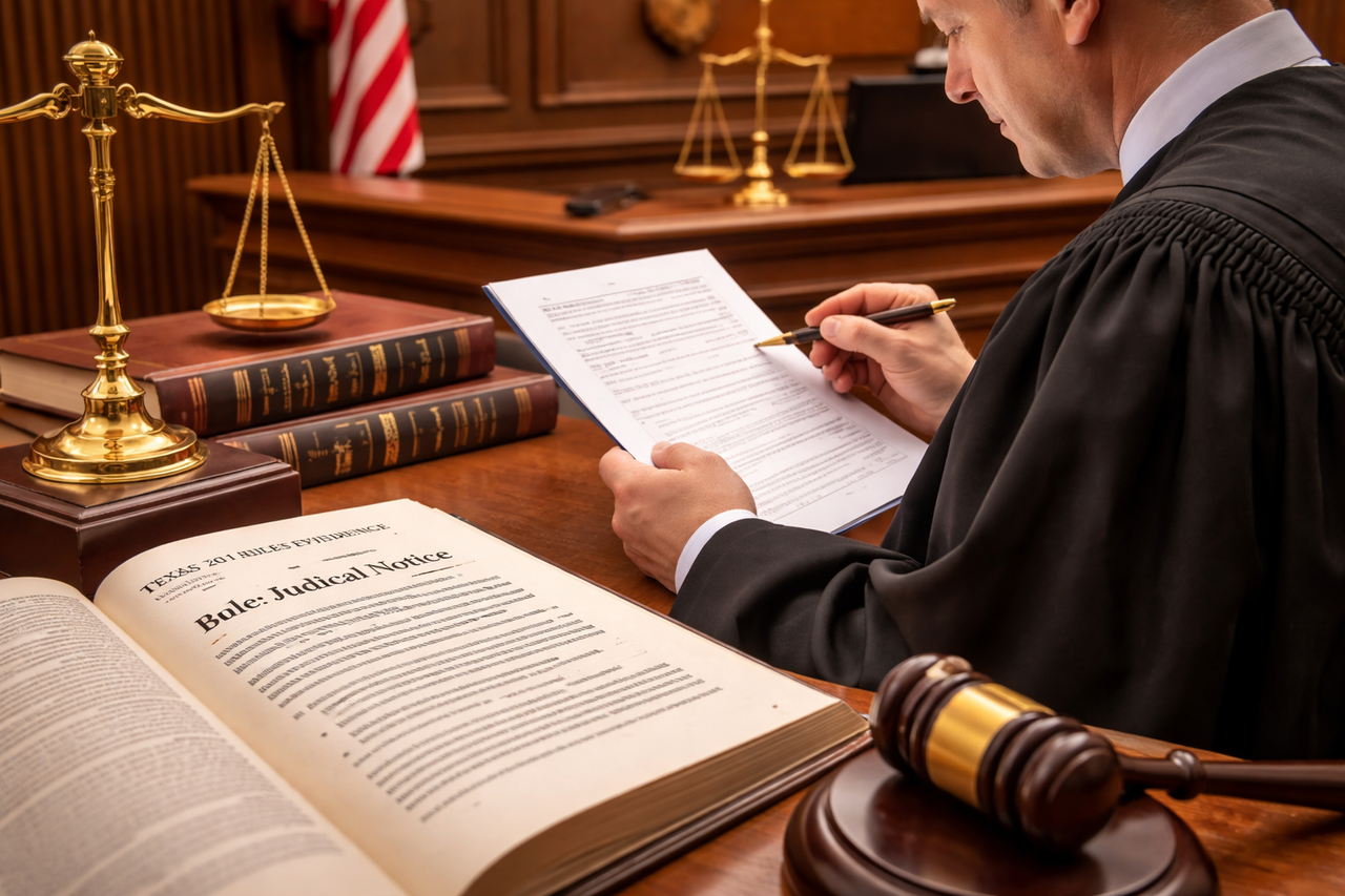 Judge reviewing legal documents in a courtroom while referencing statutory law books, representing the concept of judicial notice in Texas courts.