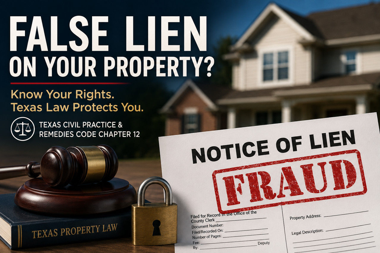 Texas fraudulent lien concept showing a fake notice of lien, residential home, judge's gavel, padlock, and Texas property law book, illustrating legal remedies for false property liens and clouded title disputes under Texas law.