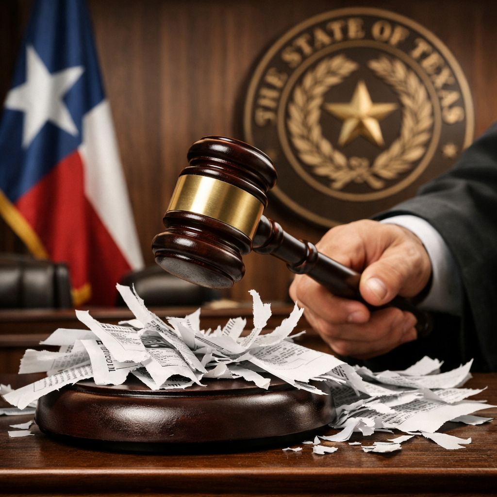 Judge striking pleadings in a Texas courtroom as a sanction for discovery abuse, symbolizing death penalty sanctions under Texas law.
