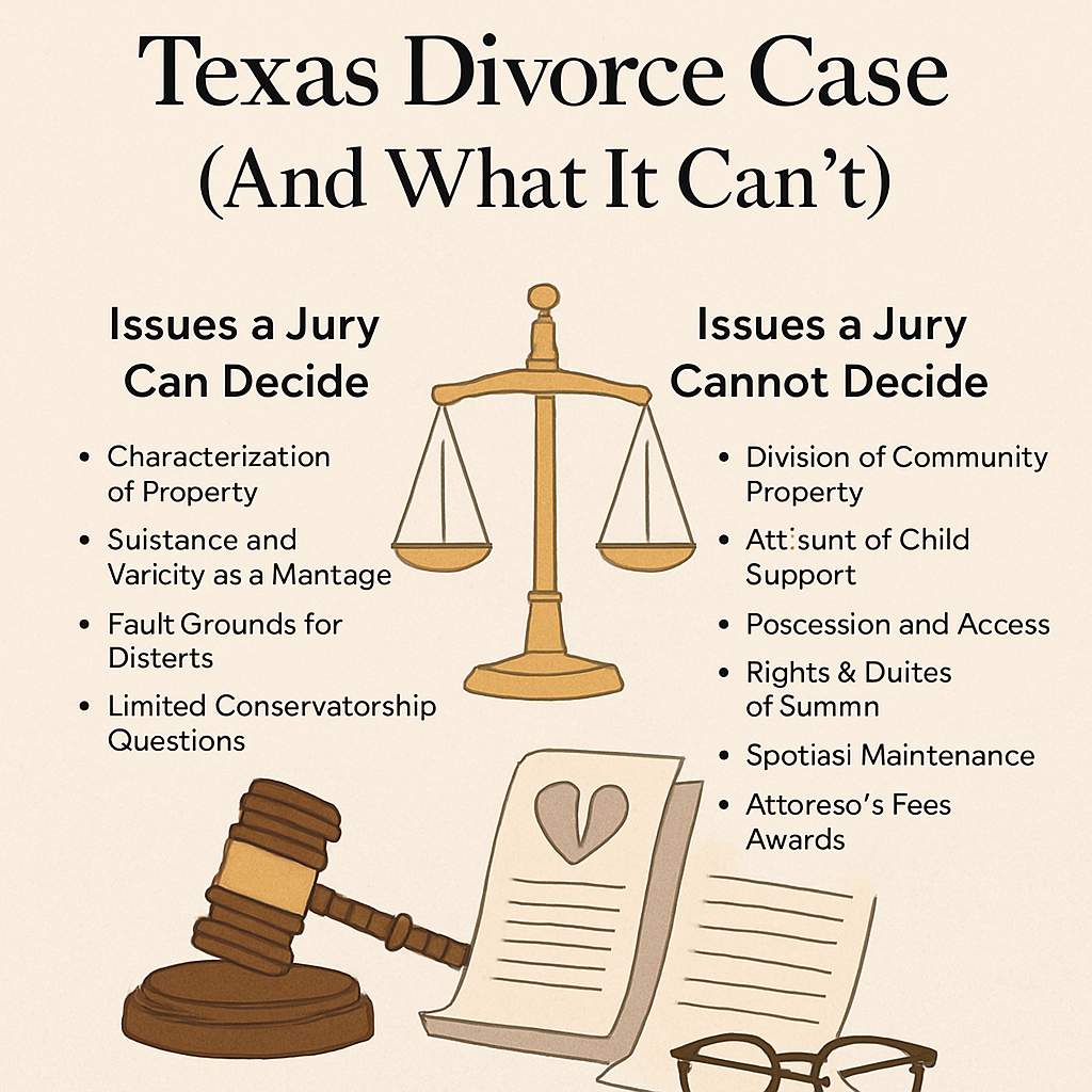 Learn what a jury can and cannot decide in a Texas divorce. Understand key issues like property characterization, fault findings, and primary residence rights.