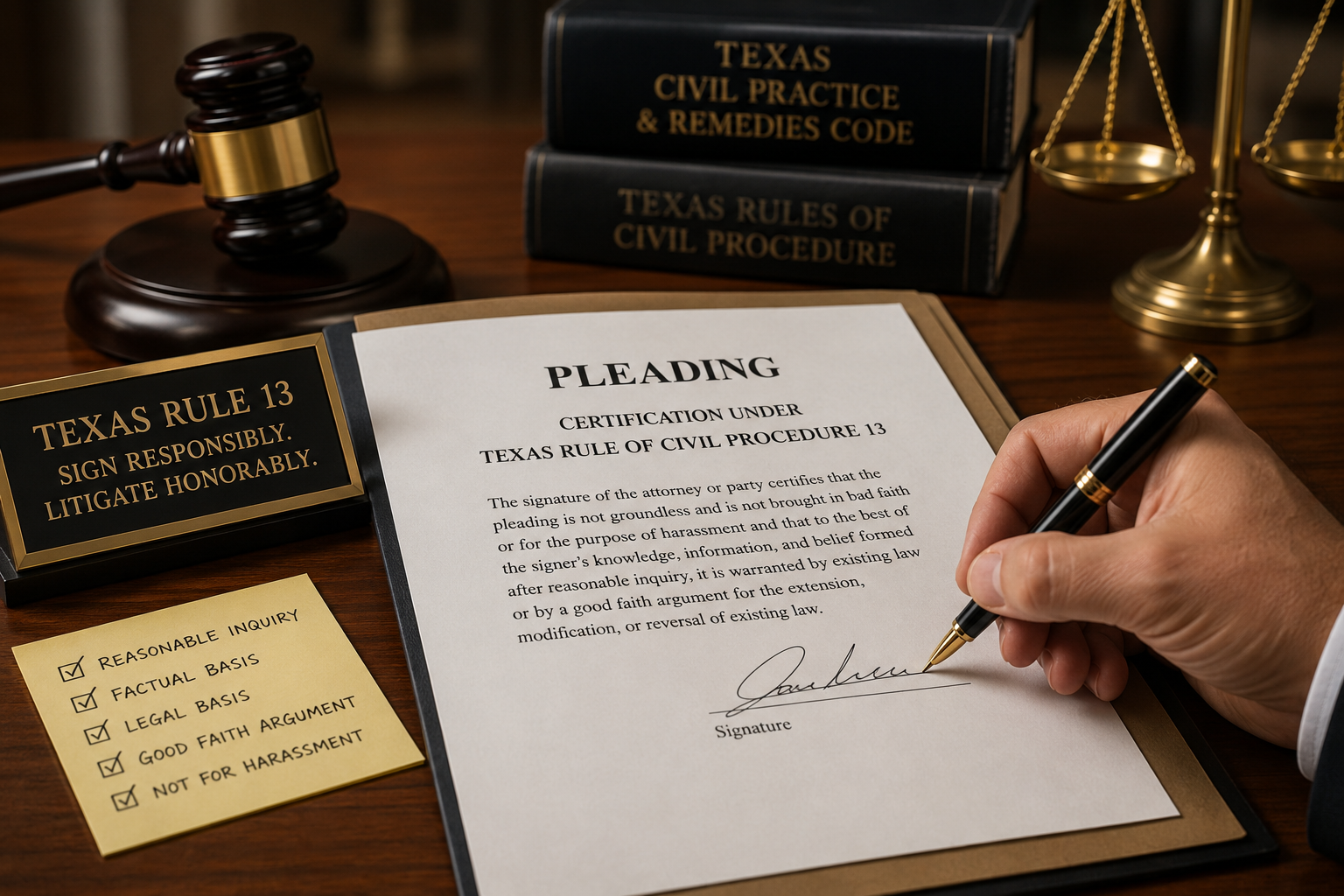Attorney signing a Texas Rule 13 pleading certification beside legal books, a gavel, and scales of justice, illustrating sanctions for groundless pleadings and litigation ethics in Texas civil courts.