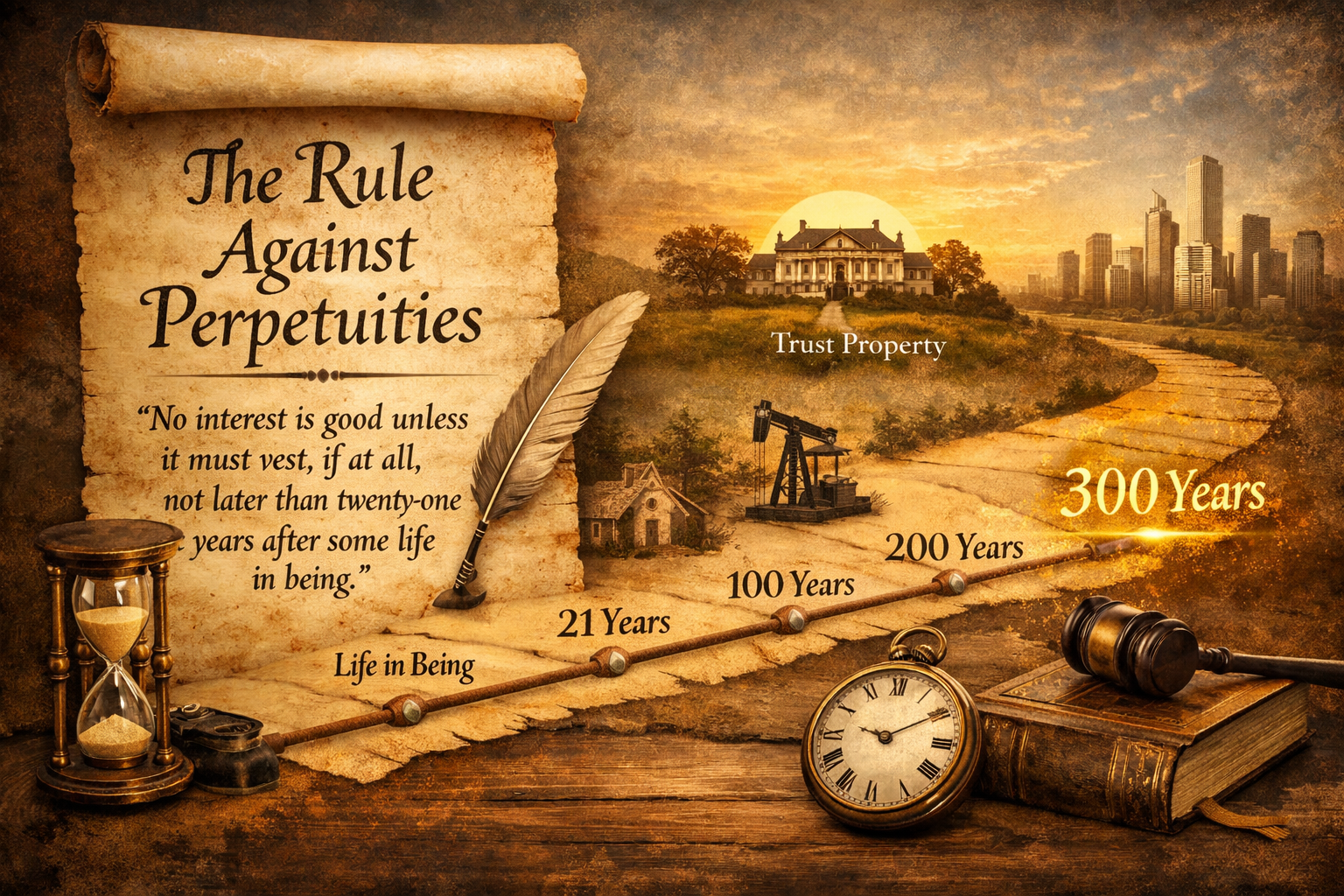 Illustration explaining the Rule Against Perpetuities with a parchment scroll showing the legal rule, a timeline labeled “life in being,” “21 years,” and extending to 300 years, alongside legal symbols like a gavel, hourglass, and trust property transitioning from historic estate land to a modern city skyline.
