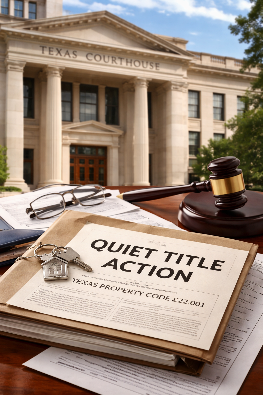 Texas courthouse with property deed documents and a title dispute file labeled ‘Quiet Title Action’ under Texas Property Code §22.001.