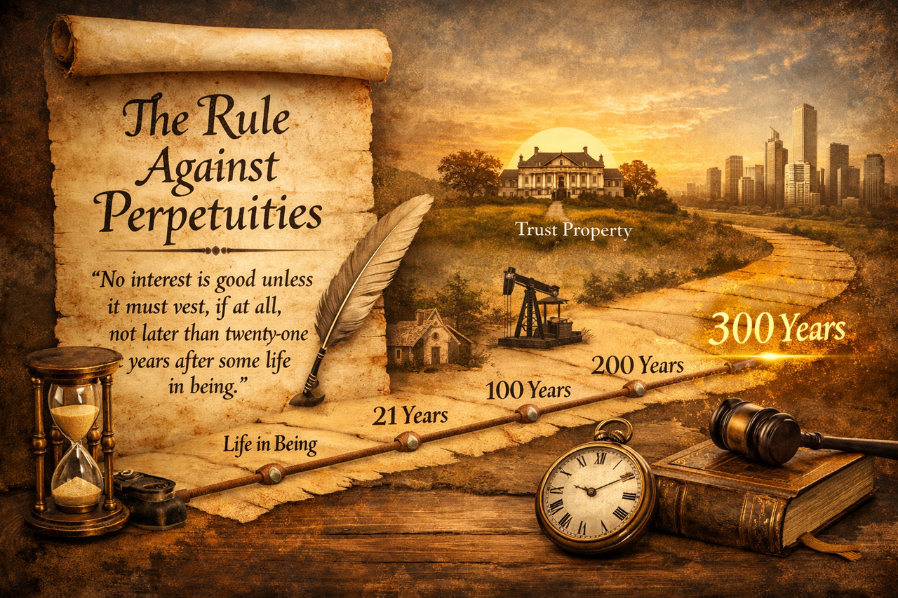 Illustration explaining the Rule Against Perpetuities with a parchment scroll showing the legal rule, a timeline labeled “life in being,” “21 years,” and extending to 300 years, alongside legal symbols like a gavel, hourglass, and trust property transitioning from historic estate land to a modern city skyline.