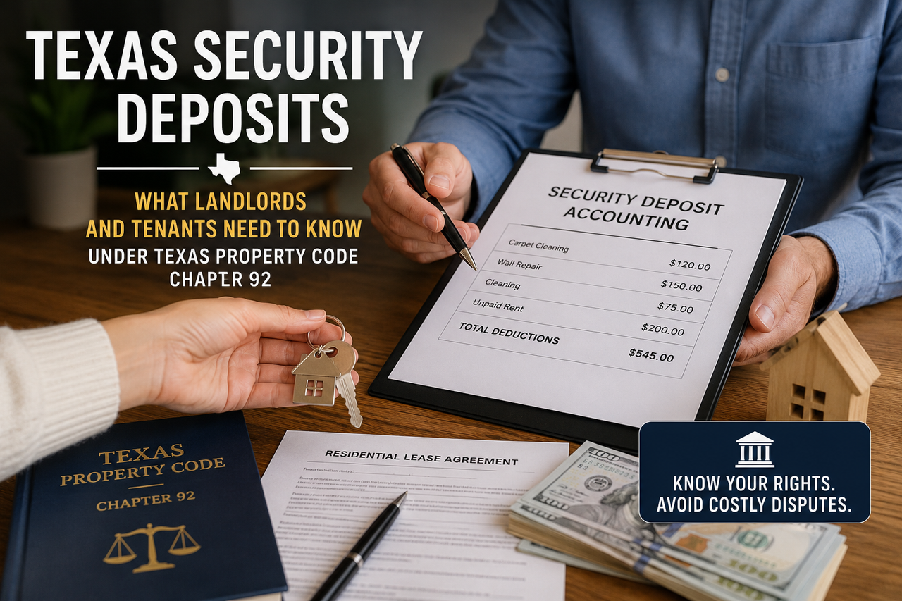 Professional Texas landlord-tenant law illustration showing a tenant handing over apartment keys while a landlord reviews a security deposit accounting statement. The image includes a residential lease agreement, cash, a model house, and references to Texas Property Code Chapter 92, emphasizing security deposit refunds, deductions, and legal rights for landlords and tenants in Texas.