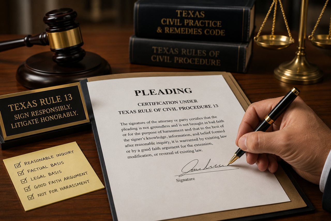 Attorney signing a Texas Rule 13 pleading certification beside legal books, a gavel, and scales of justice, illustrating sanctions for groundless pleadings and litigation ethics in Texas civil courts.