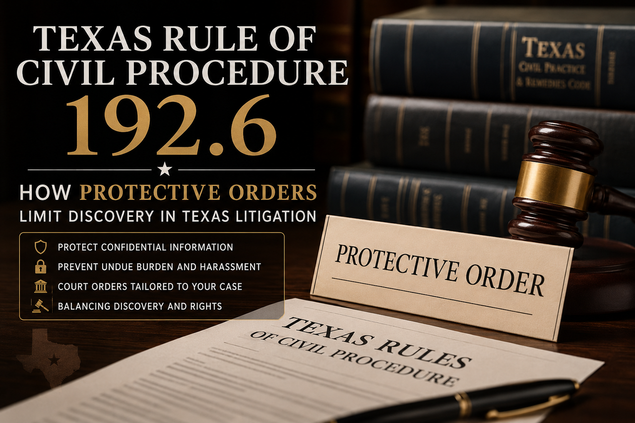 Professional legal illustration depicting a judge's gavel resting beside a document labeled "Texas Rules of Civil Procedure" and a sign reading "Protective Order." The image highlights Texas Rule of Civil Procedure 192.6 and explains how protective orders limit discovery in Texas litigation by protecting confidential information, preventing undue burden and harassment, and allowing courts to tailor discovery to the needs of each case.