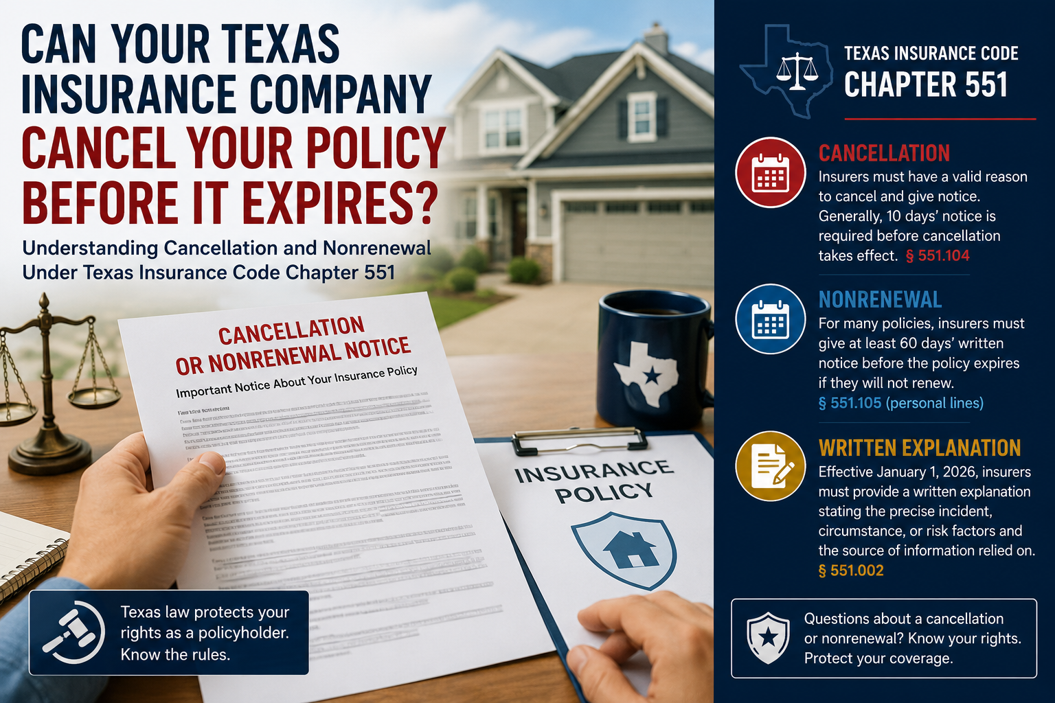Texas insurance law infographic showing a homeowner holding a cancellation or nonrenewal notice beside an insurance policy and house, explaining Texas Insurance Code Chapter 551 requirements for policy cancellation, nonrenewal, advance notice, and written explanations from insurers effective January 1, 2026.