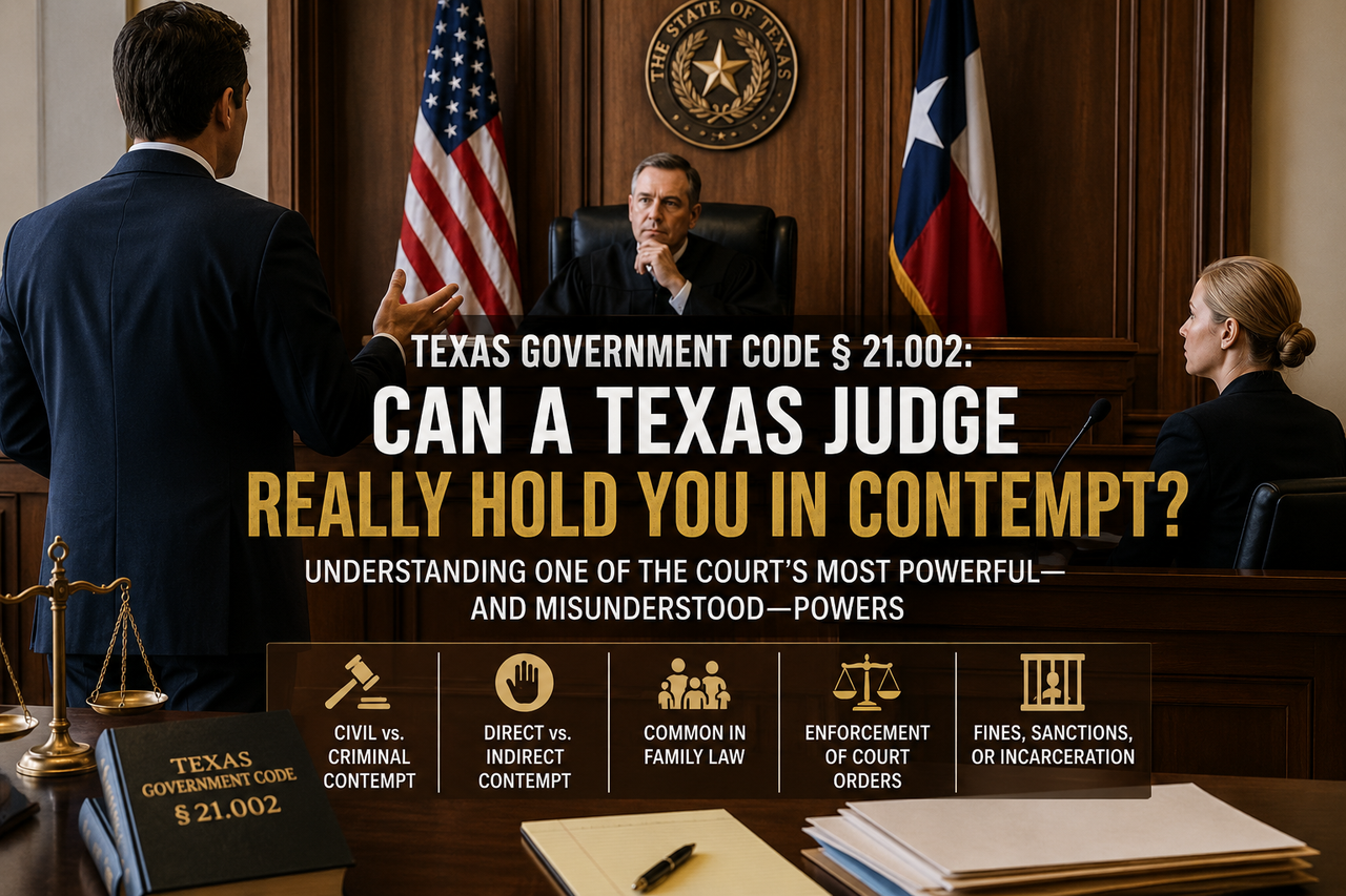 Realistic Texas courtroom scene showing an attorney addressing a judge during a hearing, with the Texas and U.S. flags displayed behind the bench. A law book labeled "Texas Government Code § 21.002" sits on counsel's table, illustrating the court's authority to hold parties in contempt and enforce lawful orders in Texas civil, family, probate, and landlord-tenant cases.