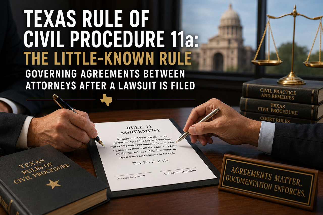 Two attorneys sign a Texas Rule 11 agreement at a polished conference table inside a law office overlooking the Texas State Capitol. A legal document labeled "Rule 11 Agreement" sits between them alongside Texas Rules of Civil Procedure books and the scales of justice, illustrating the importance of properly documenting and filing attorney agreements in Texas litigation under Texas Rule of Civil Procedure 11a.