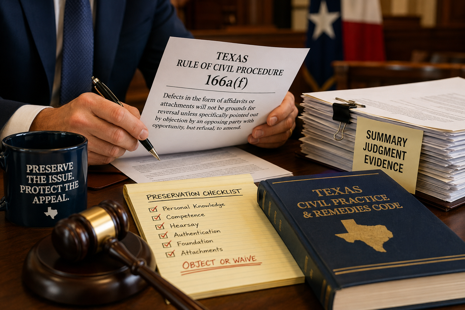 Attorney reviewing Texas Rule of Civil Procedure 166a(f) and summary judgment evidence in a courtroom, highlighting preservation of error, affidavit defects, evidentiary objections, and Texas civil litigation strategy.