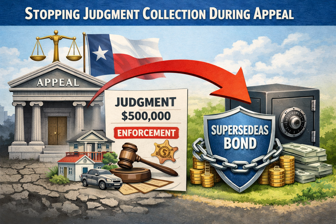 Legal illustration showing how a supersedeas bond stops judgment collection during an appeal in Texas. A courthouse labeled ‘Appeal’ appears beside a judgment document marked ‘Enforcement,’ while a shield labeled ‘Supersedeas Bond’ protects stacks of money and assets, symbolizing how posting a bond suspends enforcement of a civil judgment while the appellate court reviews the case.