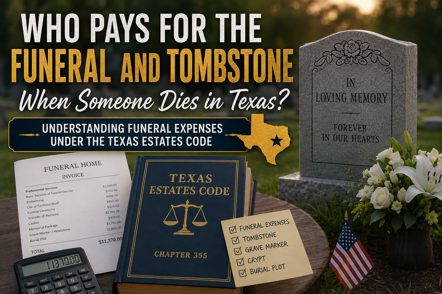 Texas probate law illustration showing a cemetery headstone, funeral invoice, calculator, Texas Estates Code book, and checklist of funeral expenses, tombstones, grave markers, crypts, and burial plots, explaining who pays funeral and burial costs after someone dies in Texas.