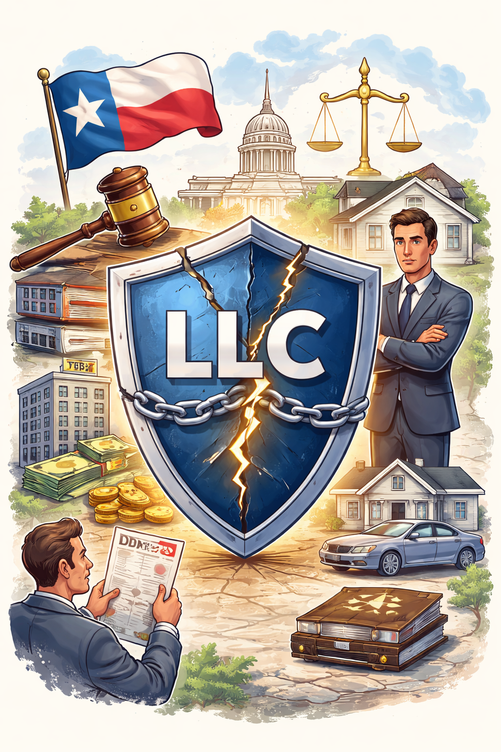 Texas LLC veil piercing and personal liability illustration showing business owner separated from company assets by legal shield under Texas law