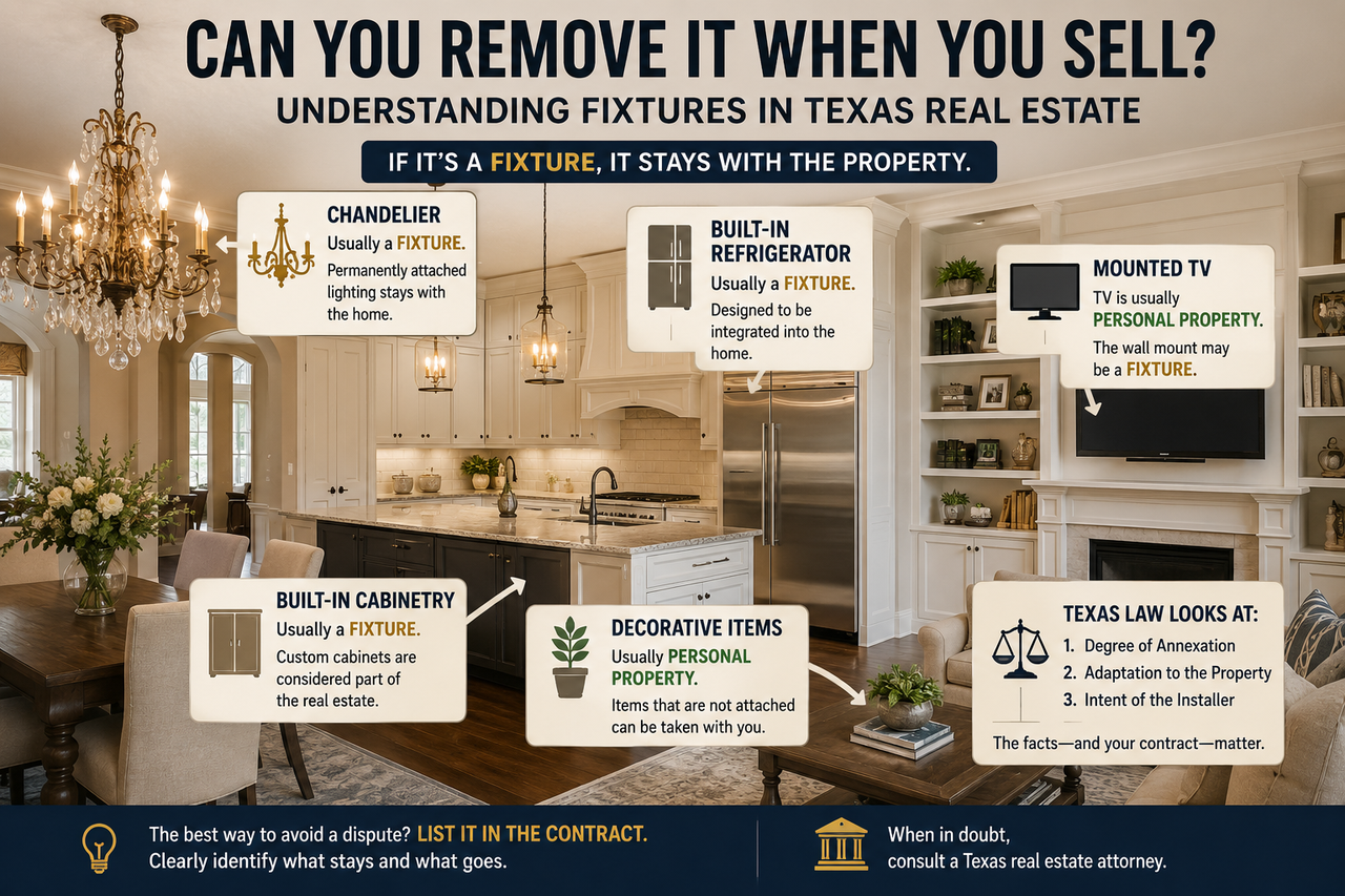 Texas real estate fixture law infographic illustrating whether chandeliers, built-in refrigerators, mounted TVs, cabinetry, and decorative items remain with a home after sale, explaining fixtures versus personal property in Texas.