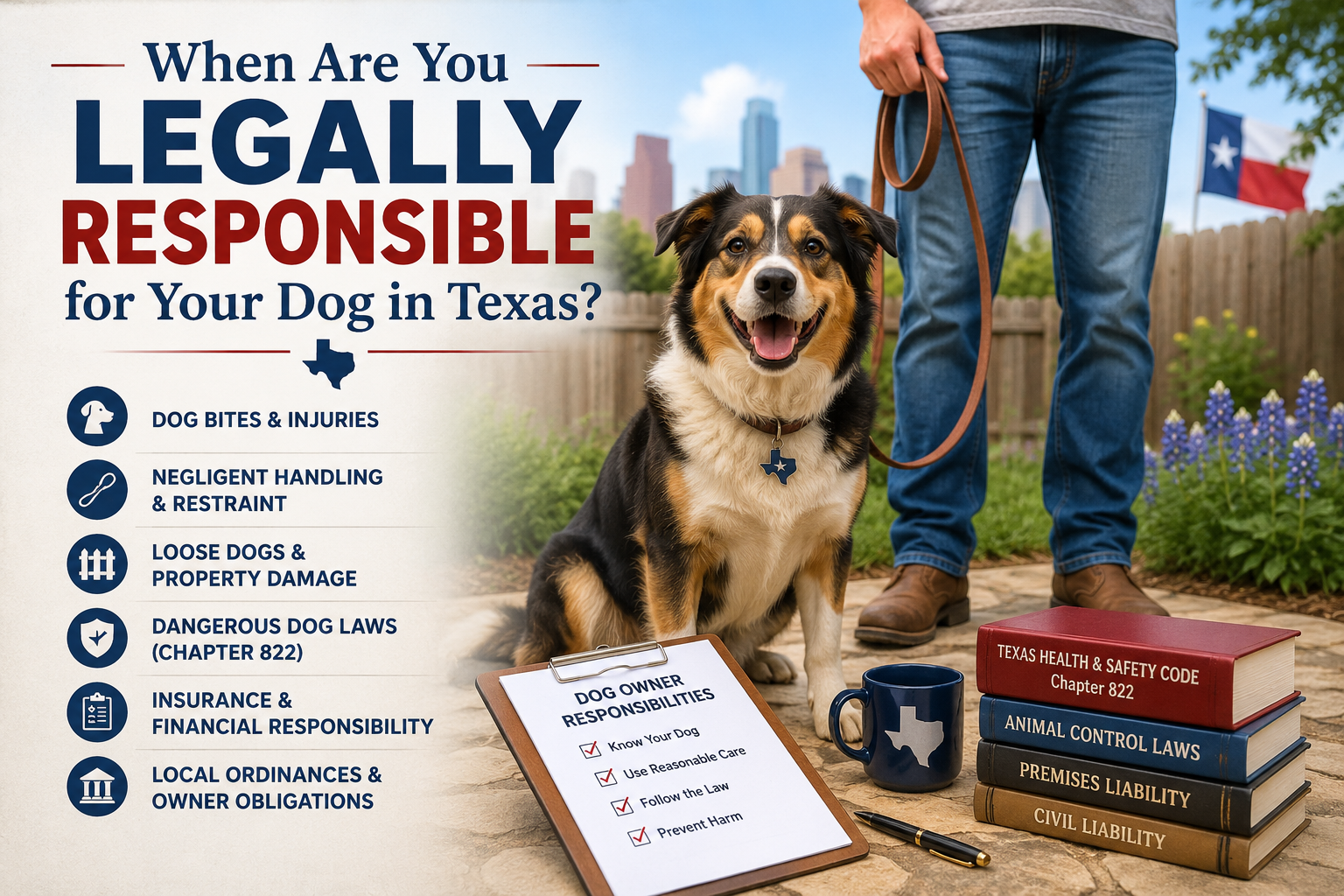 Texas dog owner liability infographic featuring a leashed dog and owner, with information about dog bites and injuries, negligent handling, loose dogs, dangerous dog laws, insurance, local ordinances, and civil liability under Texas law.
