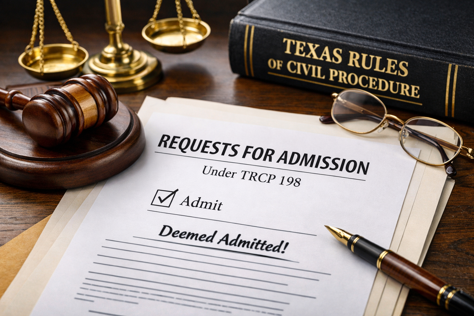 Texas legal scene showing Requests for Admission under TRCP 198 marked “Admit” and “Deemed Admitted,” with gavel, scales of justice, and Texas Rules of Civil Procedure book, representing discovery strategy and summary judgment in Texas litigation.