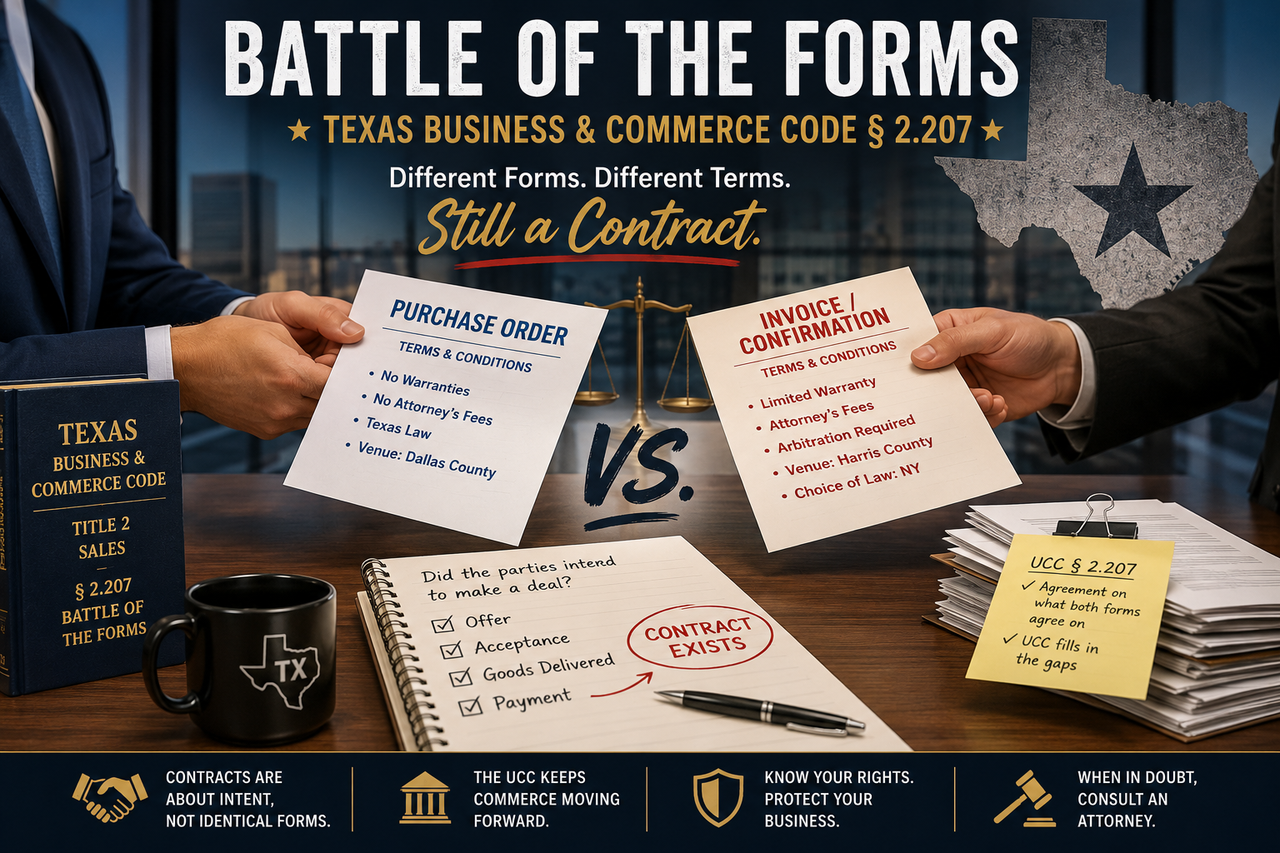 Dramatic illustration of the Texas Business & Commerce Code "Battle of the Forms," showing two business professionals exchanging conflicting purchase orders and invoice confirmations across a conference table. The scene features legal scales, a Texas silhouette, commercial contract documents, and visual references to UCC § 2.207, illustrating how Texas law determines when a binding contract exists despite differing contract terms.