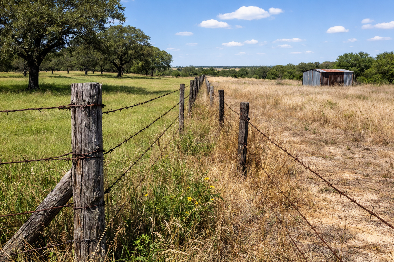 Texas rural property boundary showing a weathered fence line dividing open land, illustrating adverse possession and boundary disputes under Texas property law.