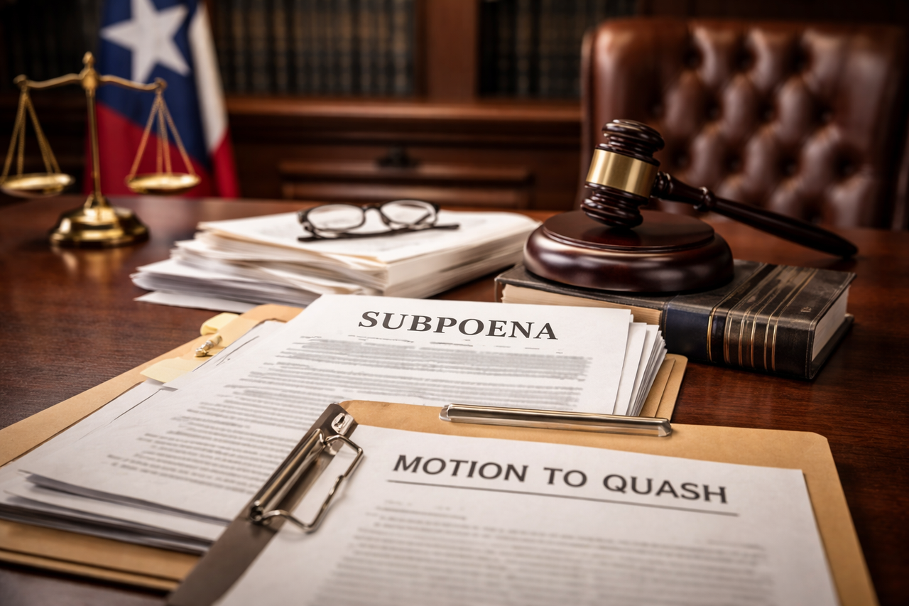 Texas courtroom desk with legal documents and subpoena paperwork, gavel and law books symbolizing motions to quash and protective orders under Texas civil procedure.