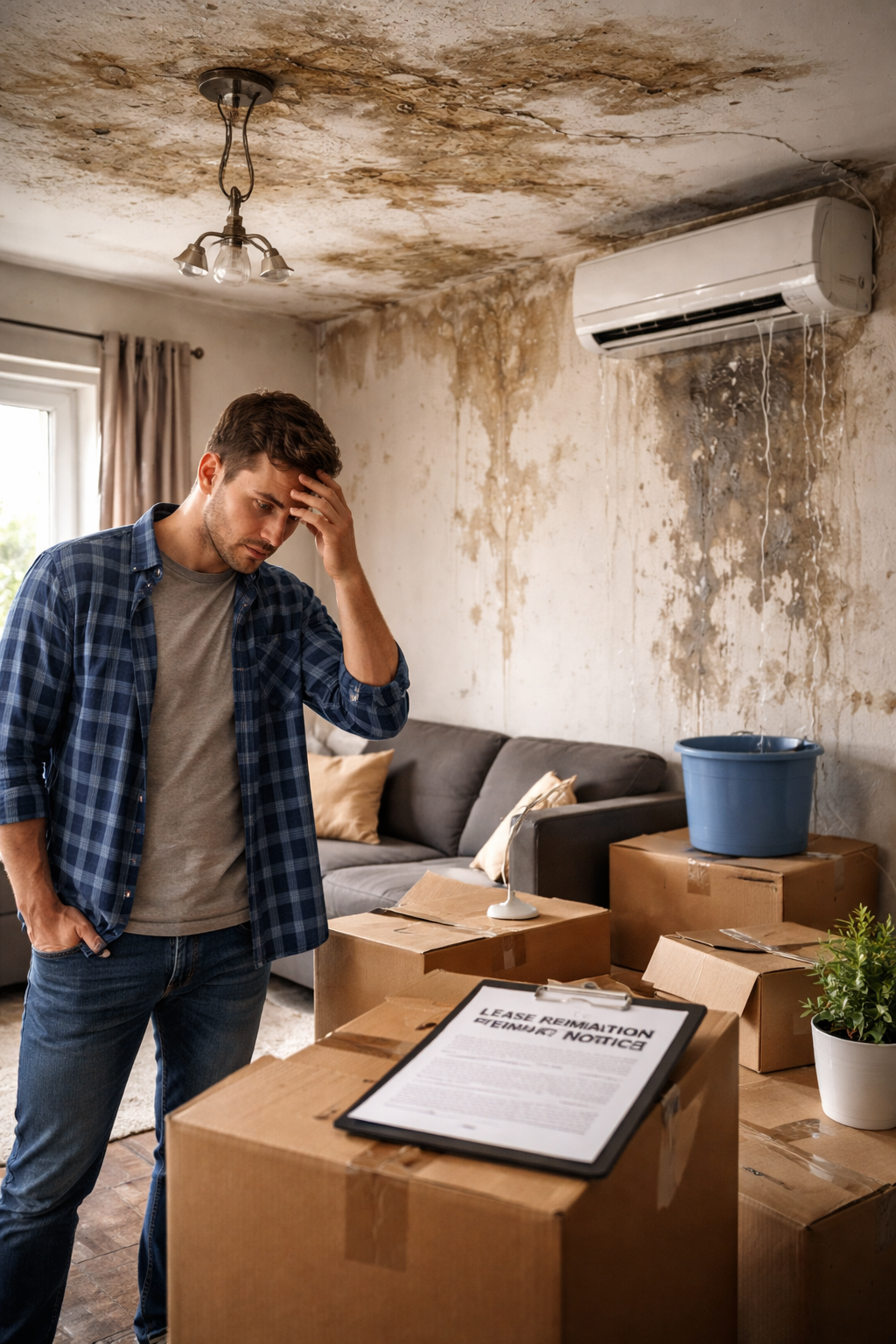 A residential rental property in visible disrepair, with broken air conditioning units, water damage stains on walls, and a frustrated tenant standing near packed boxes, symbolizing constructive eviction and unsafe living conditions under Texas landlord-tenant law.