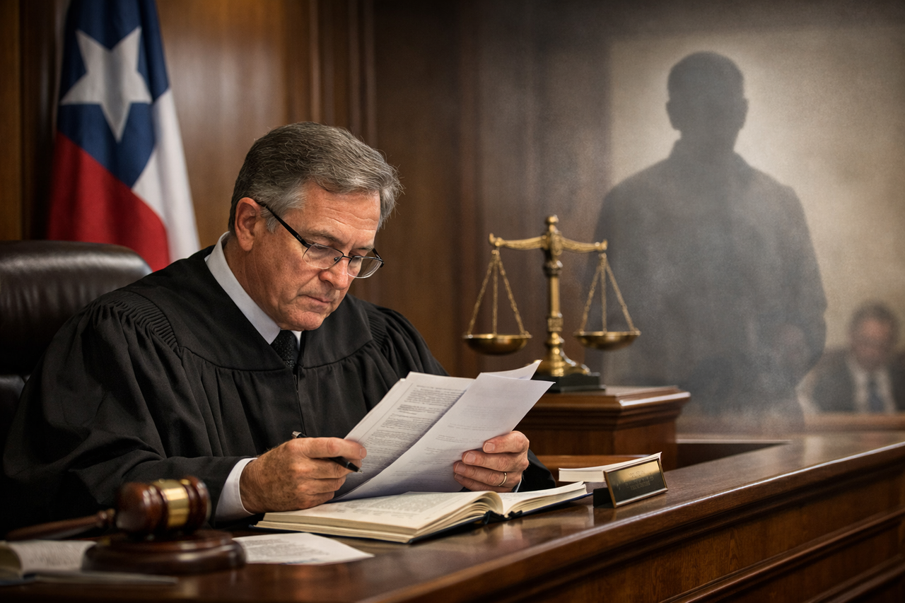 Texas probate courtroom scene with a judge reviewing documents while a faded silhouette symbolizes a deceased person, illustrating the Dead Man’s Rule under Texas Rule of Evidence 601(b).