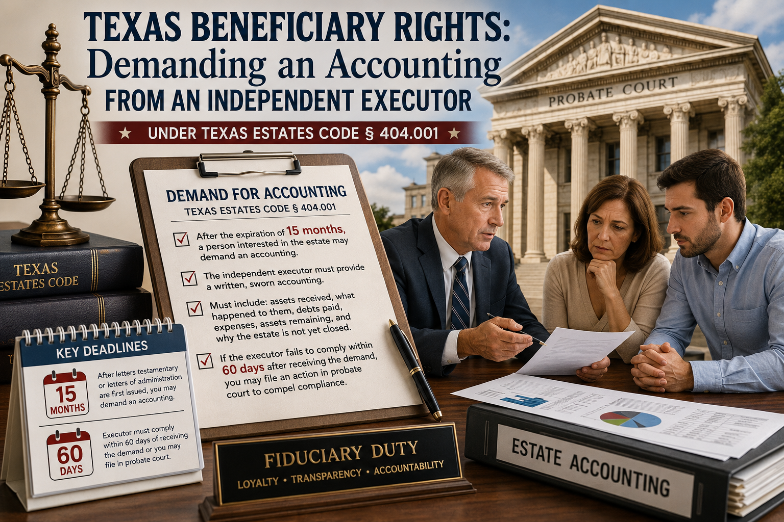 Texas beneficiary rights infographic explaining how an interested person can demand an estate accounting from an independent executor after 15 months, the executor’s 60-day response deadline, and fiduciary duties under Texas Estates Code § 404.001.