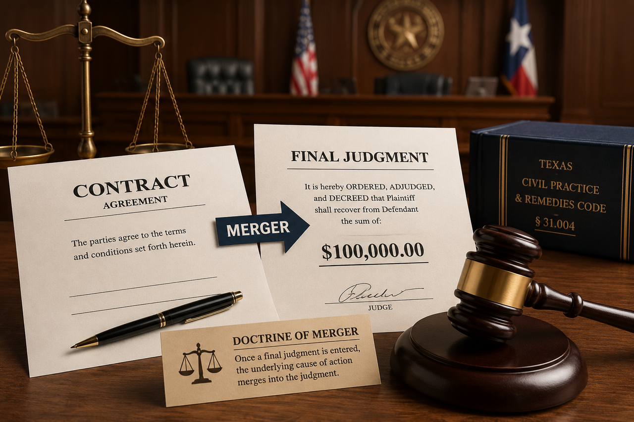 A Texas courtroom scene featuring a judge's gavel resting beside a signed money judgment and legal contract documents, symbolizing the doctrine of merger, judgment enforcement, and creditor rights under Texas law.