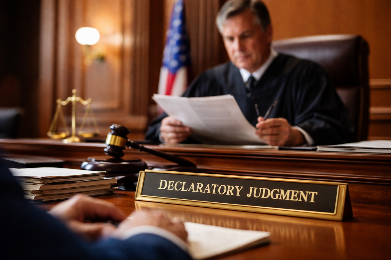 Judge reviewing legal documents in a courtroom while issuing a declaratory judgment ruling clarifying contractual and property rights under Texas law.