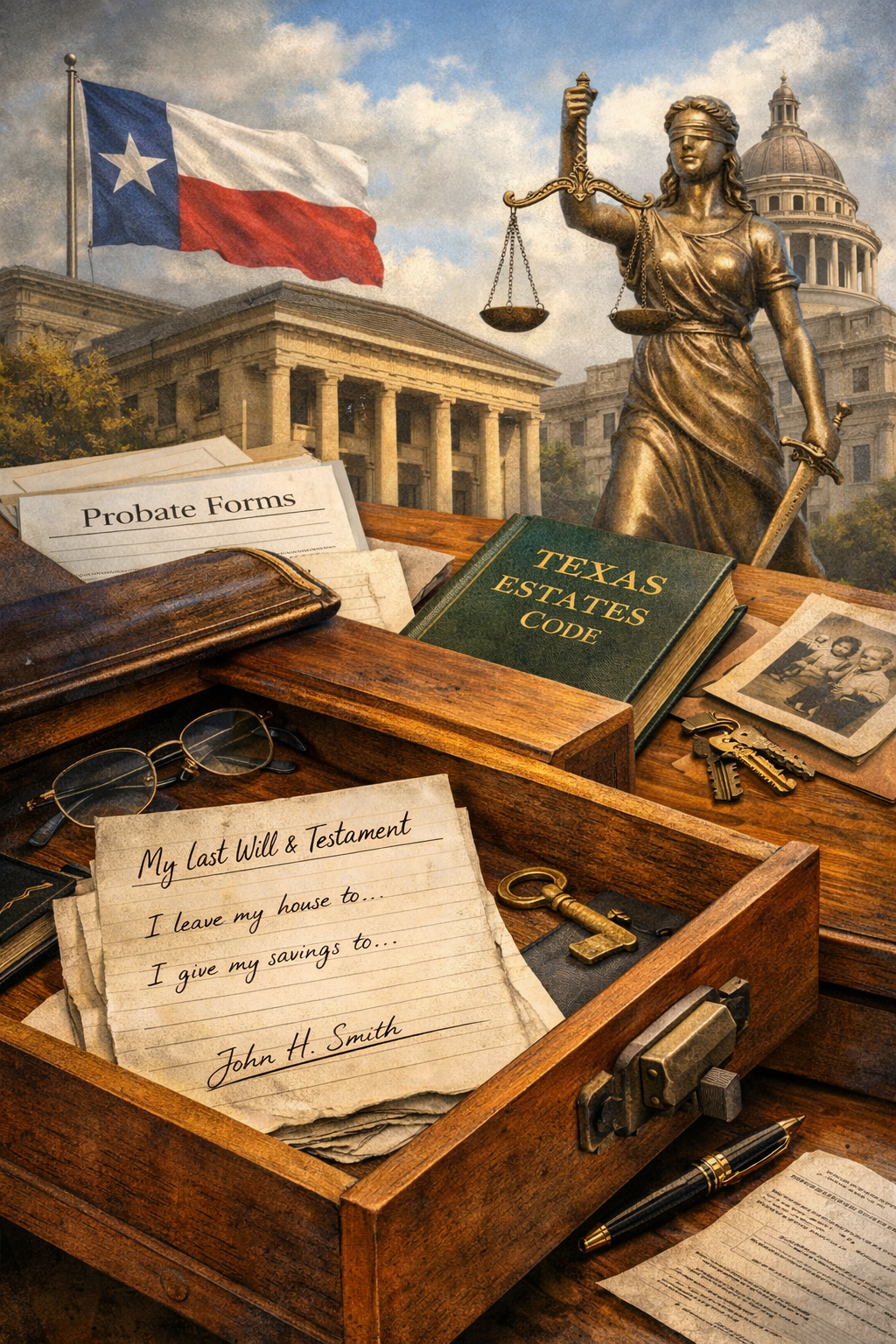 Illustration of a handwritten will found in a desk drawer with legal documents and a Texas courthouse in the background, representing probate and estate law in Texas