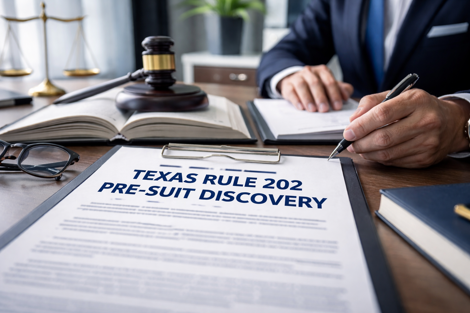 Texas civil litigation attorney reviewing court documents related to Rule 202 pre-suit discovery and depositions before filing a lawsuit, illustrating Texas Rules of Civil Procedure and evidence preservation strategy.