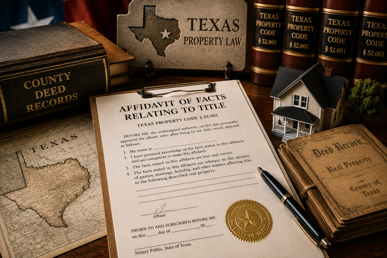 Texas Affidavit of Facts Relating to Title document displayed with deed records, property law books, and a model home, illustrating heirship, probate alternatives, chain of title issues, and Texas real estate ownership law under Texas Property Code § 52.001.