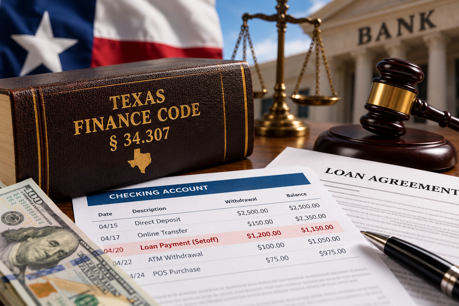 Texas Finance Code § 34.307 law book beside a checking account statement showing a bank loan setoff withdrawal, with a gavel, scales of justice, loan agreement, and Texas flag illustrating bank setoff rights under Texas law.